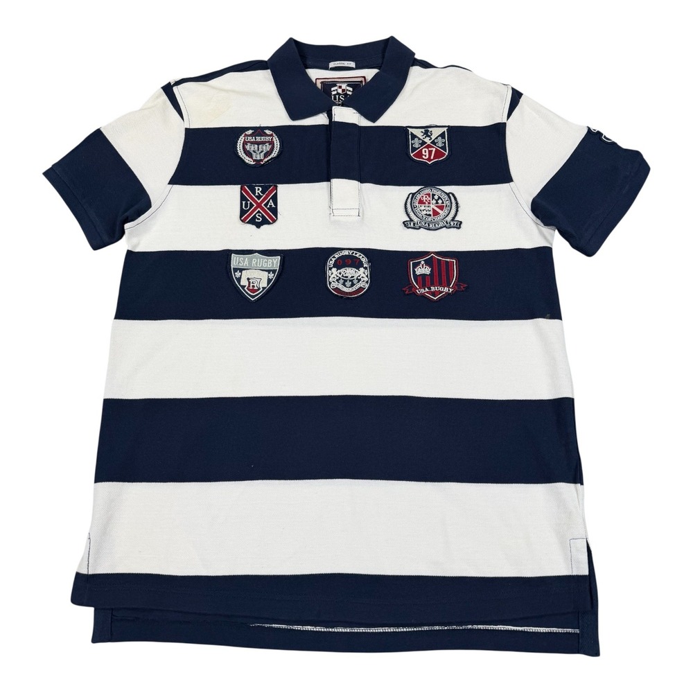 USA Rugby Mens Large Navy White Striped Polo Embroidered Patches Classic Fit